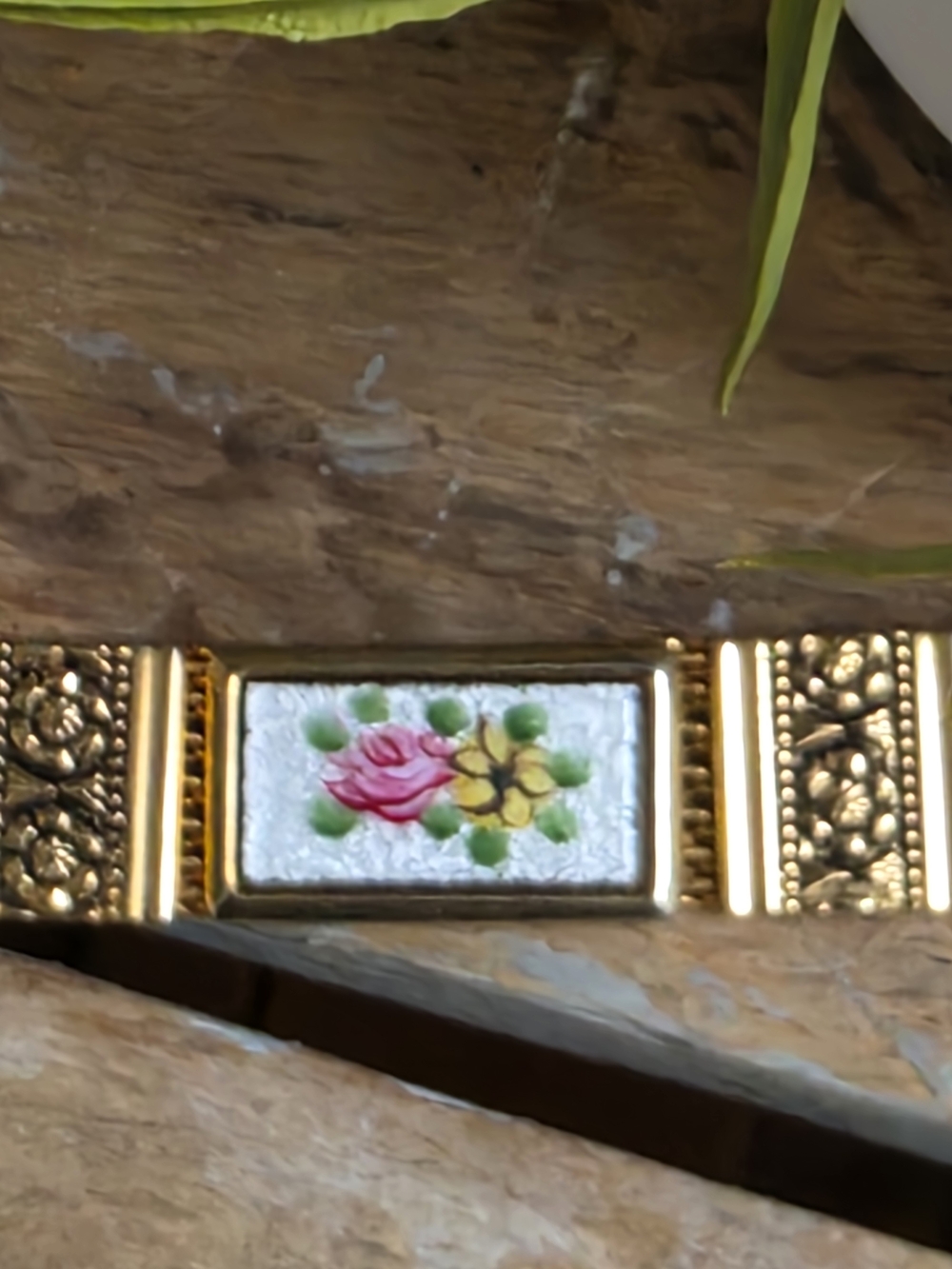 Vintage Guilloche Enamel Floral Mesh Bracelet Gold Tone Hand Painted Roses - Picture 7 of 8